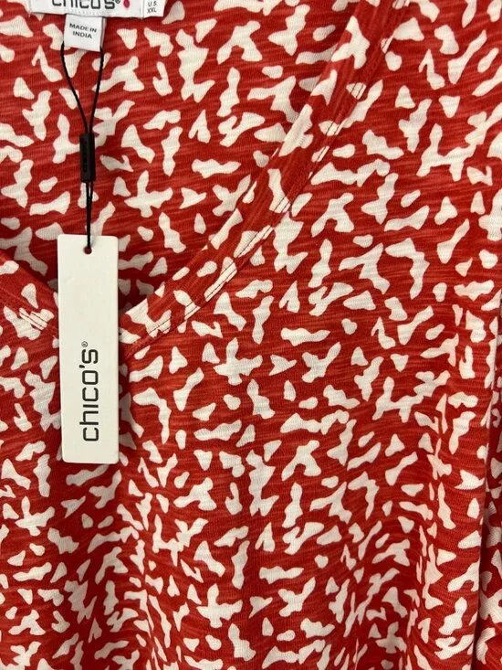 Chico's Size 4 (XXL) Slub Dot V-Neck Tee 3/4 Sleeve Coral Zinnia NWT Basic Knit - Picture 2 of 7